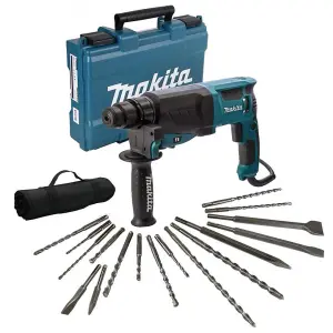 Makita HR2630 240v SDS Plus 3 Mode Rotary Hammer Drill + 17 Piece Bit Set Point