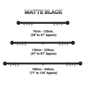 A.Unique Home Plain Round Ball Metal Extendable Curtain Pole with Rings and Fittings (25/28mm) - Matte Black, 120cm - 220cm Approx