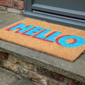 Printed Natural Coir Door Mat Novelty Blue Hello Decorative Heavy Duty Entrance Mat 45cm x 75cm Indoor / Sheltered Outdoor Use