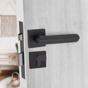 1 Pair Modern Lima Euro Lock Door Handles, 70mm Key & Thumbturn Barrell Matt Black Finish - Golden Grace