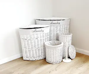 White Corner Wicker Laundry Basket with Cotton Lining Large 62 x 46 x 60 cm