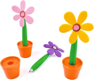 3 x Flower Shaped Pens with Pot Stands - Novelty Home Office Desktop Accessories in Pink, Yellow & Purple - 18 x 7.5 x 3.5cm