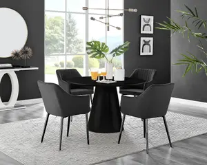 Furniturebox UK Palma Black Semi Gloss Round Pedestal Dining Table & 4 Black Velvet Calla Black Leg Chairs