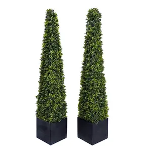 GreenBrokers 2 x Artificial Boxwood Pyramid Trees in Black Square Planter 120cm/4ft