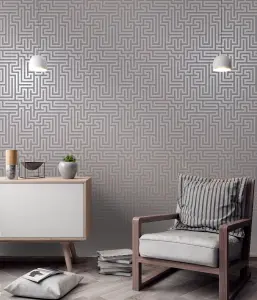 Holden Metallic Glistening Industrial Maze Geometric Geo Wallpaper Roll Grey Rose Gold 12914