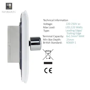 Trendi Switch 2 Gang 1 or 2 way 150w Rotary LED Dimmer Light Switch in Ice White