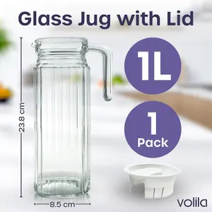 1L Glass Fridge Jug with Lid Clear Water Pitcher with Ribbed Design, Vented Spout & Handle for Juices, Pimms & Everyday Use