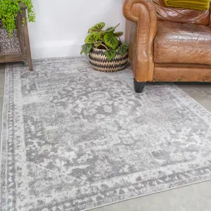 Silver Grey Traditional Medallion Bordered Area Rug 160x230cm