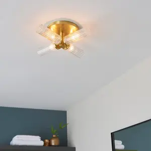 Luminosa Talo Bathroom Multi Arm Glass Semi Flush Ceiling Lamp, Satin Brass Plate, Ribbed Glass, IP44