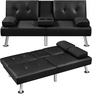 Astro Black PU Leather Sofa Bed - Chrome Legs-Cup holders, 3-Seater Multipurpose Couch/ Sofa