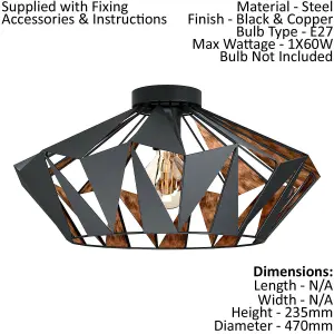 Semi Flush Ceiling Light Black & Copper Geometric Shade 1 x 60W E27 Bulb