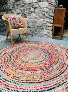 MISHRAN Round Jute Area Rug Hand Woven with Recycled Fabric 150 cm Diameter