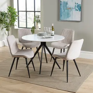 Core Products Aspen White 100cm Round Dining Table with 4 Natural Fabric Diamond Stitch Design Chairs