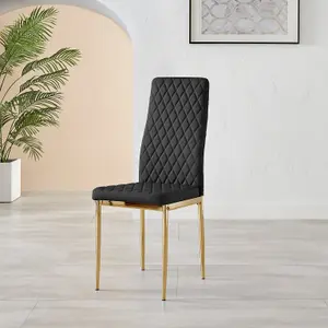 Set of 6 Milan Black High Back Soft Touch Diamond Pattern Faux Leather Golden Chrome Metal Leg Dining Chairs