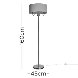 ValueLights Rocha Brushed Chrome 3 Way Multi Arm Floor Lamp with Grey Linen Slimline Drum Shade with LED Bulb