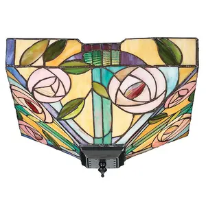 Tiffany Glass Semi Flush Ceiling Light Pink Rose Inverted Square Shade i00063