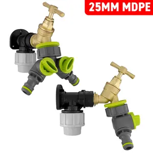 Brass Bib Tap Wall Flange Kit with 25mm MDPE Pipe 2-Way Splitter and Connectors