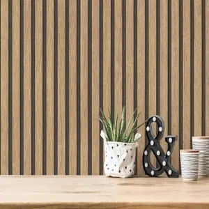 AS Creation Wooden Slats Panelling 3D Wood Panel Stripe Non Woven Wallpaper Natural Black 39109-1