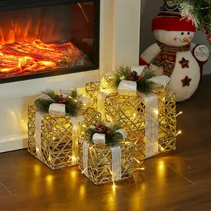 Set of 3 Rattan Weaving LED Light Up Christmas Gift Box Glitter Party Xmas Tree Decor Parcel Presents Set with Bow