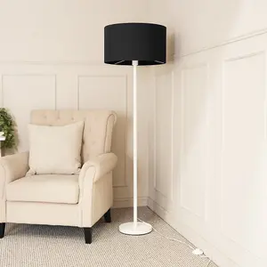 ValueLights Charles White Metal Single Stem Floor Lamp with Black Drum Lamp Shade