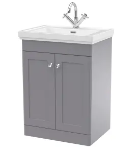 Traditional Floor Standing 2 Door Vanity Unit with 1 Tap Hole Fireclay Basin, 600mm - Satin Grey