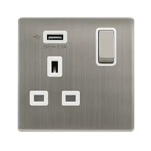 Stainless Steel Screwless Plate 1 Gang 13A DP Ingot 1 USB Switched Plug Socket - White Trim - SE Home