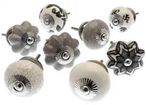 MangoTreeKnobs - Mixed Set of Grey and White Scandi Style Ceramic Cupboard Knobs x Pack 8 (MG-700)