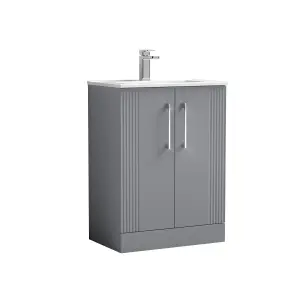 Retro 2 Door Floor Standing Vanity Unit with Minimalist 1 Tap Hole Ceramic Basin - 600mm - Satin Grey - Balterley