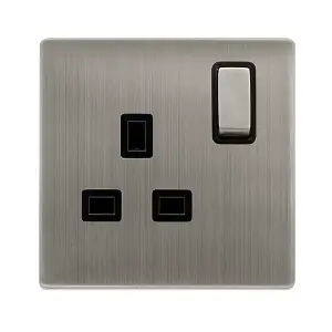 Stainless Steel Screwless Plate 1 Gang 13A DP Ingot Switched Plug Socket - Black Trim - SE Home