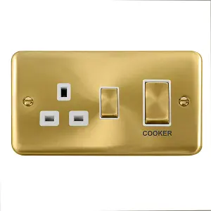 Curved Satin / Brushed Brass Cooker Control Ingot 45A With 13A Switched Plug Socket - White Trim - SE Home