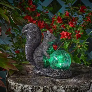 Solar Powered LED Squirrel Garden Ornament - Hand Painted Polyresin Sculpture with Light Up Crackle Ball - H18.5 x W19.5 x D9cm