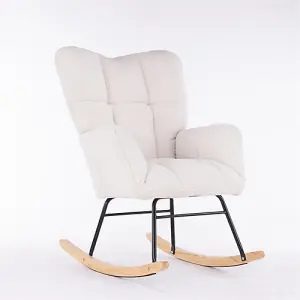 Mid Century Modern Teddy Fabric Tufted Upholstered Rocking Chair Padded Seat For Living Room Bedroom, Ivory White