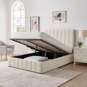 Leo Cream Velvet Fabric King Size 5FT Ottoman Storage Bed Frame