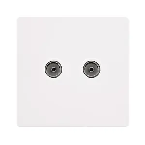 White Metal Screwless Plate 2 Gang Twin Coaxial TV Socket - White Trim - SE Home