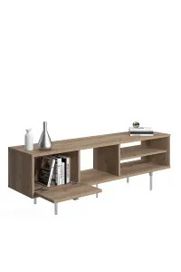 Mika TV Stand with 3 Shelves and 1 Cabinet, 140 x 35 x 45 cm TV Unit Table for TVs up to 60 inch, Oak