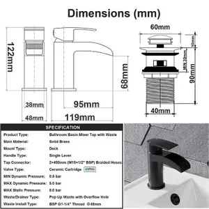 BATHWEST Waterfall Matte Black Bathroom Basin Sink Mixer Taps Mono Single Lever Faucet