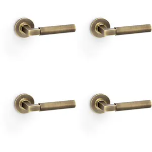 4 PACK - SOLID BRASS Smooth Door Handle Set - Antique Brass Angled Lever on Round Rose