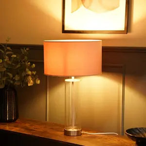 Simonetta Matt Gold and Clear Tube Table Lamp with Blush Velvet Reni Shade and 6W GLS Warm White Bulb Silver / Blush / Yes