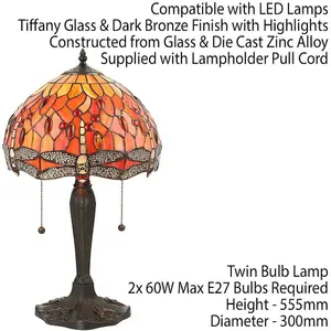 Tiffany Glass Table Lamp Light Dark Bronze Base & Orange Dragonfly Shade i00196