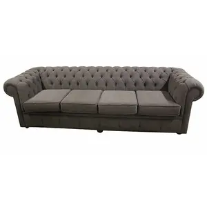 Chesterfield 4 Seater Sofa Settee Verity Plain Steel Grey Fabric In Classic Style