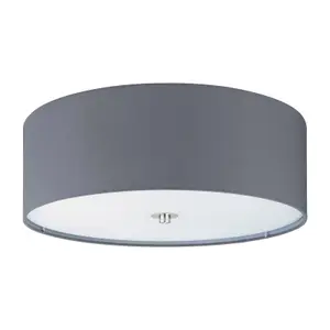 Flush Ceiling Light Colour Satin Nickel Shade Grey Fabric Glass Bulb E27 3x60W