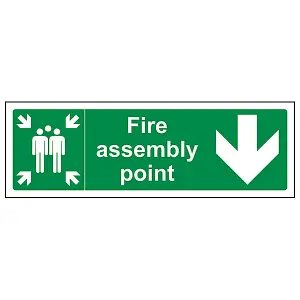 Fire Assembly Point Arrow DOWN Workplace Safety Sign - Adhesive Vinyl - 300x100mm (x3)