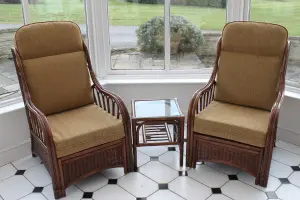 GardenMarketPlace Verona Cane Conservatory Furniture Duo Set- 2 Chairs and a Side Table- Coffee Colour Fabric