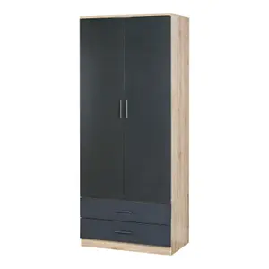 URBNLIVING 180cm Tall Wooden 2 Door Wardrobe Oak Carcass and Black Drawers With 2 Drawers Bedroom Storage Hanging Bar Clothes