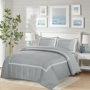 My Home Store Junco Microfiber 3 Piece Luxury Bratta Stitch Duvet Cover Sets With Pillowcase Grey/White / Single - 1 Standard Pillowcase