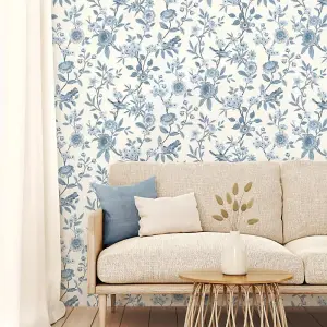 Fine Decor Eleanor Floral Birds Blue Wallpaper Flowers Botanical Feature Wall