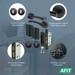 AFIT Matt Black Key Lock Door Handle Set Round Sash Lock, Hinges (76mm) & 2 Escutcheons Novi Range