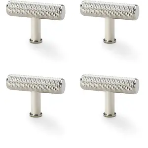 4 PACK - Knurled T Bar Cupboard Door Knob - 55mm x 38mm Polished Nickel Unit Pull Handle