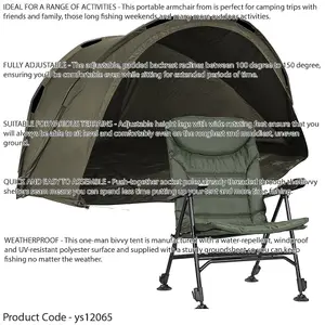 1 Man Waterproof Carp Fishing Bivvy Tent with Adjustable Reclining Camp Chair Set for Outdoor Adventures