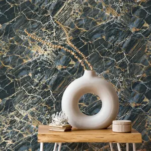 Crown Carbon Onyx Navy Blue & Bronze Marble Stone Wallpaper M1748